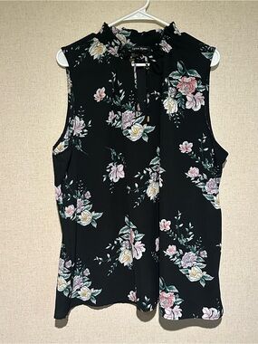 Lynn Ryan 3X Black Floral Sleeveless Mock Tie-Neck Sleeveless Blouse Spring